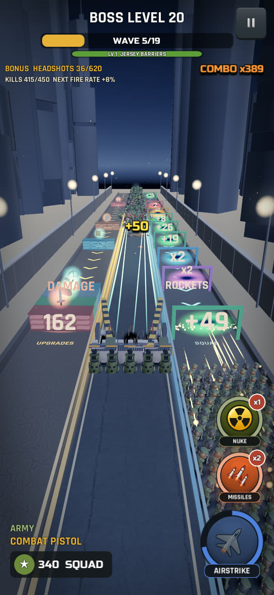Mob Surge battle: upgrade blocks in the left lane, the barricade with turrets in the middle, and the squad running through gates in the right lane