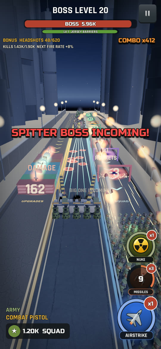 Missiles climb from the squad toward red lock-on rings on the horde as a spitter boss arrives